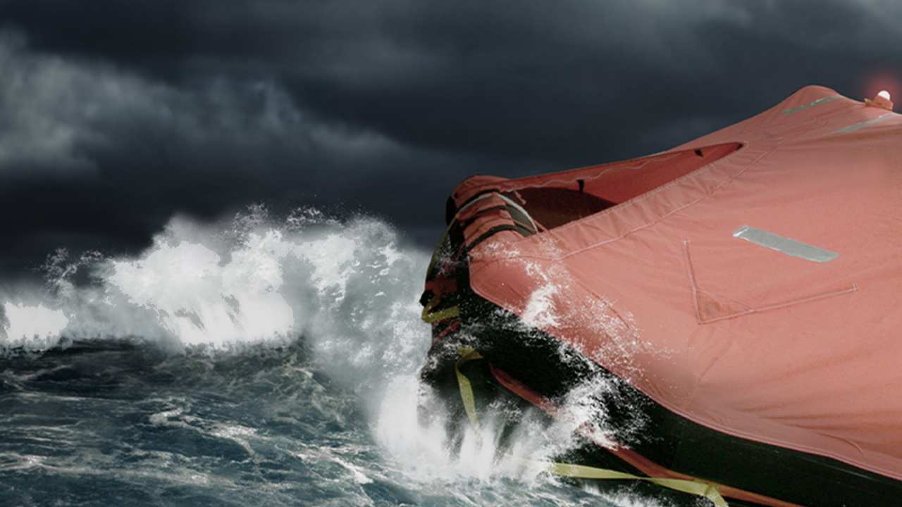 poster art of a raft at sea during a storm